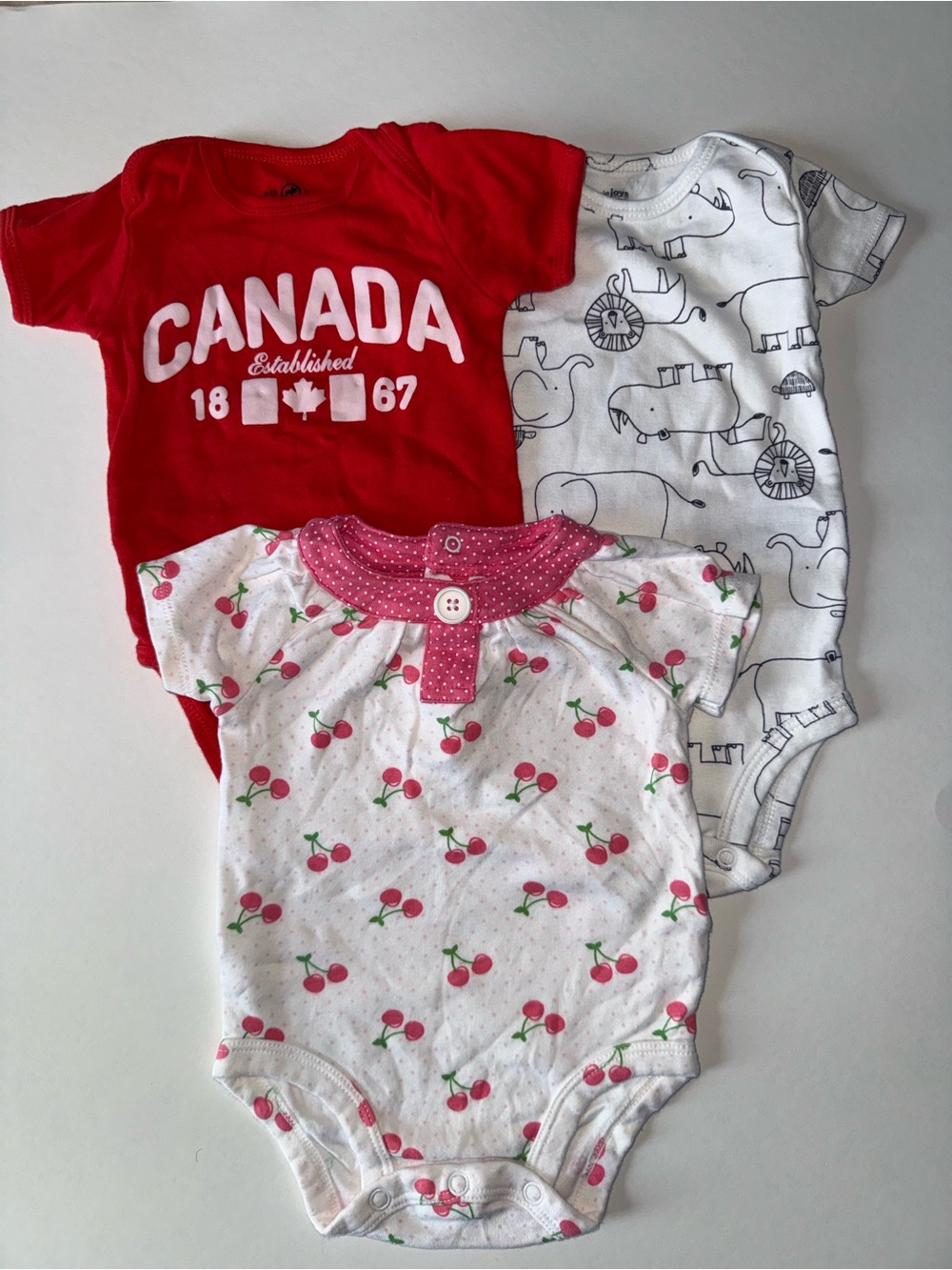 Kids One-Piece Bodysuit - Red/White/Gray Cherry & Canada Set 3-6 months
